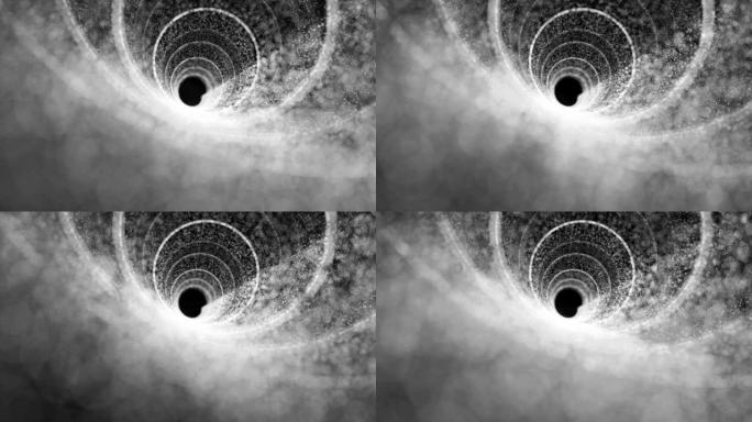 计算机图形在螺旋状生长的管道内运动。管子的墙壁在黑暗的背景上发出白色的光。技术发展理念。从一种状态过