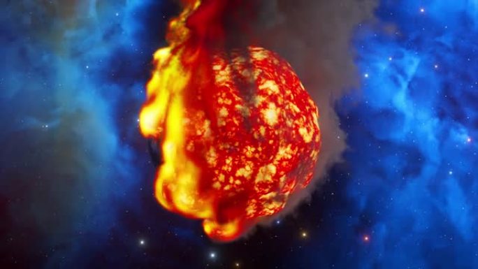 大爆炸烧毁了地球，留下了一个大熔岩球。背景上的空间。红橙色火。烟。3d动画