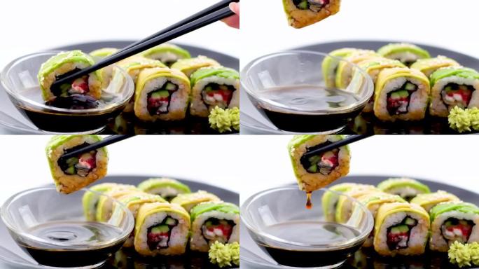 文本空间Sushiya餐厅提供美味的食物日本中国亚洲日本美味的食物健康寿司卷绿龙鳗鱼鳄梨芝麻unag