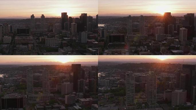 日出时西雅图的鸟瞰图。