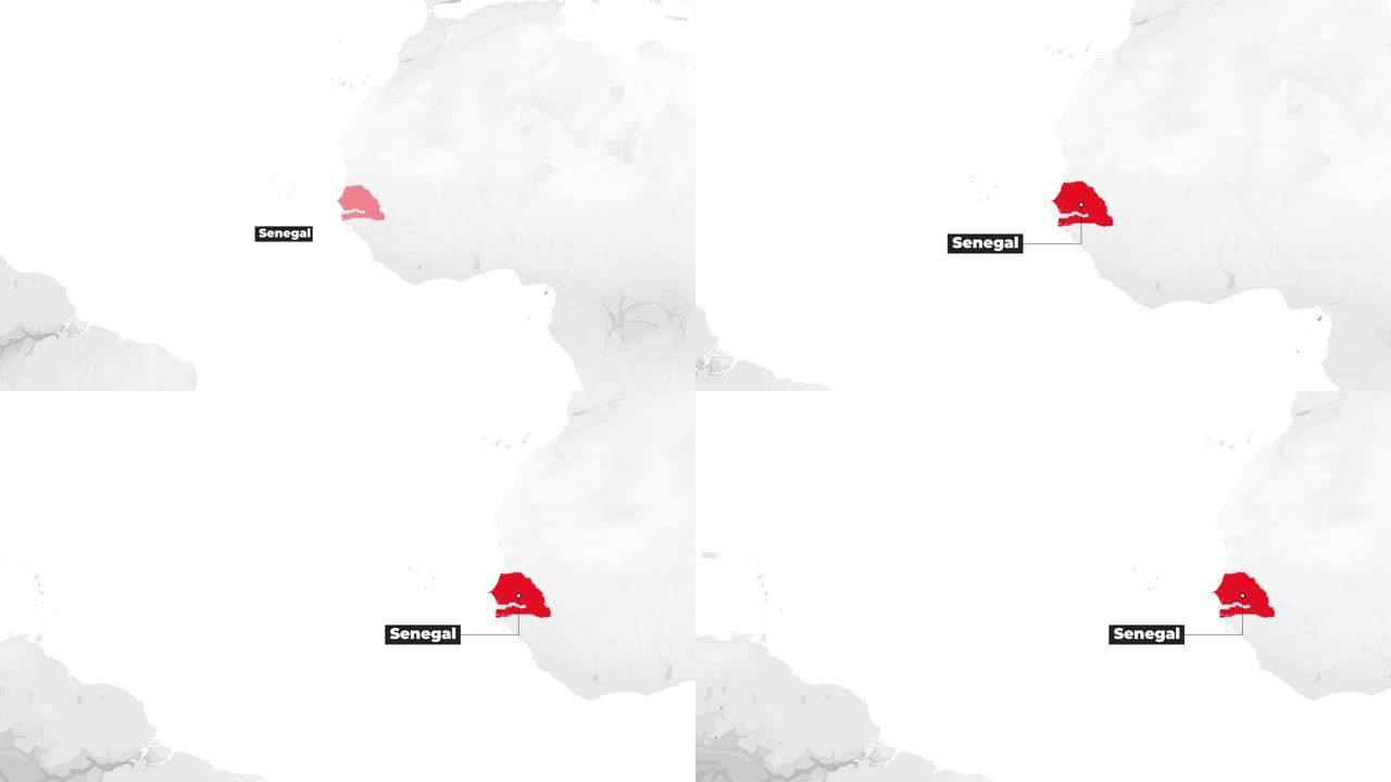 显示塞内加尔的世界地图。从上方放大。国家红色在地图上突出显示。