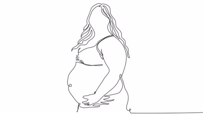 一个大孕妇用单线抱住肚子的自画。