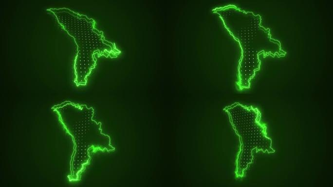 3D移动霓虹绿色摩尔多瓦地图边界轮廓循环背景
