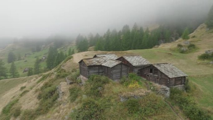 空中无人机拍摄了山区小山上木屋附近的松树