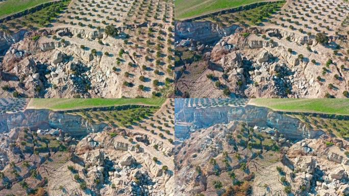 由于土耳其地震中的断层破裂，哈塔伊橄榄树林发生重大滑坡。碎粘土块和岩石的鸟瞰图。