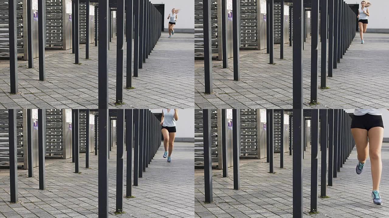 有动力的女孩试图通过动态运动，跑步来摆脱脂肪团