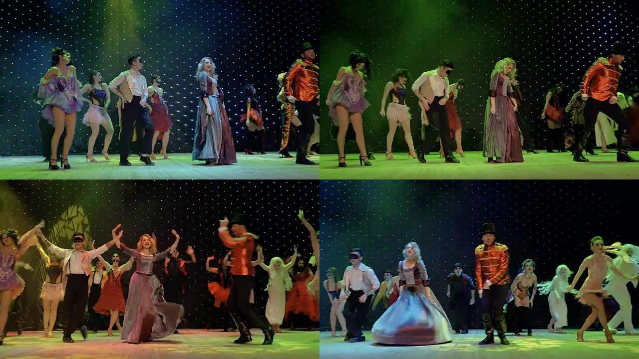 一群童话英雄在剧院的舞台上跳舞和唱歌