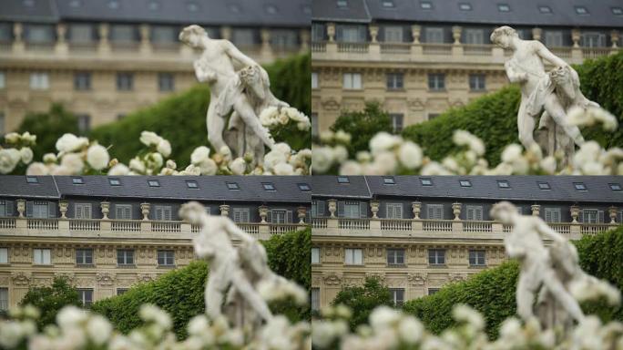美丽的白花、古老的雕像和法国巴黎的卢森堡宫