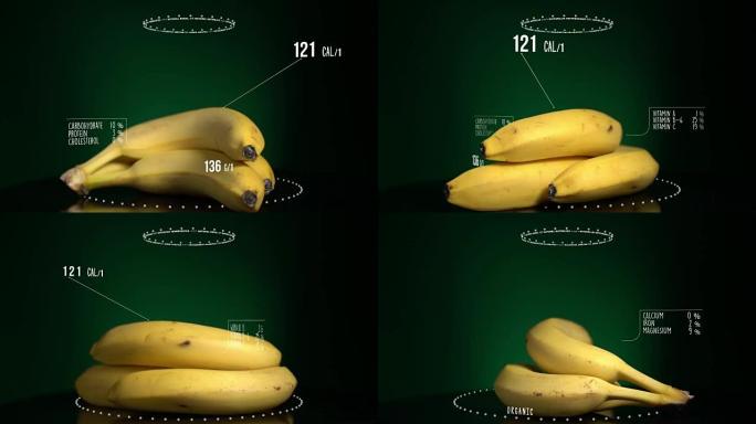 香蕉与维生素、微量元素矿物质的信息图。能量、卡路里和成分