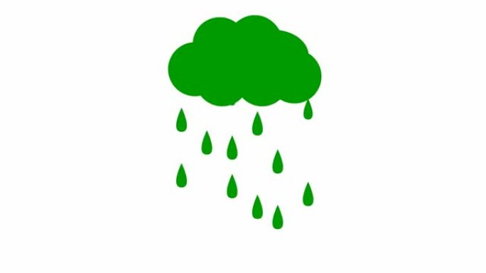 云中的动画绿色雨滴。循环视频。下雨了。矢量插图孤立在白色背景上。