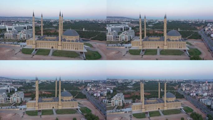 土耳其城市景观中的清真寺尖塔。无人机的空中全景。