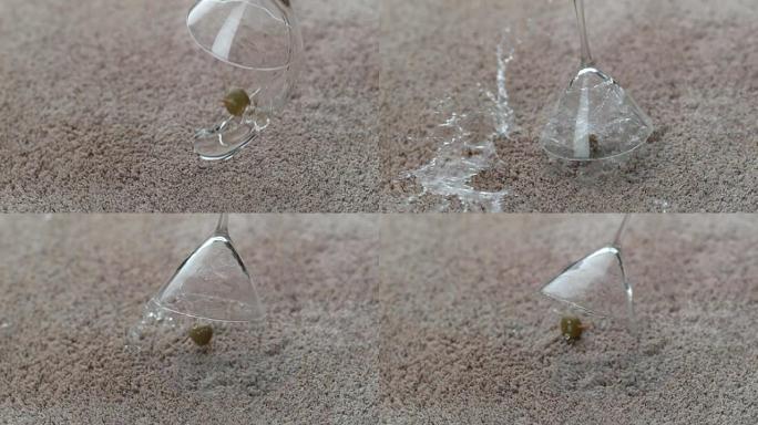 马提尼酒以慢动作洒在地毯上