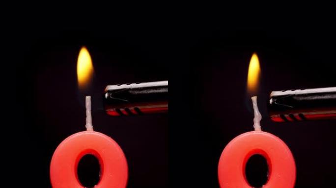 4k镜头前视图，燃烧8号生日蜡烛，黑色背景上有火。
