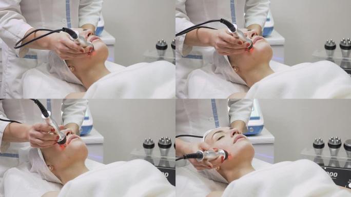 女性在射频提升面部皮肤的过程中