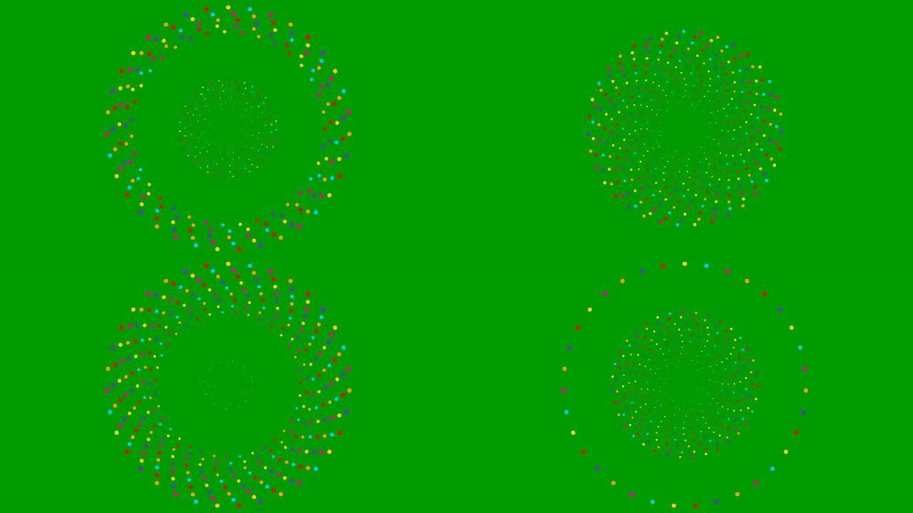 动画增加的彩色点从中心开始旋转。循环视频。多色矢量插图孤立在绿色背景上。