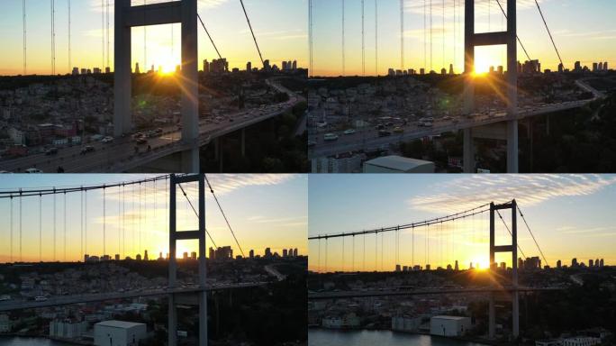 伊斯坦布尔博斯普鲁斯大桥7月15日烈士大桥日落空中4k无人机拍摄博斯普鲁斯海峡内部