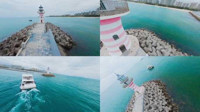 海南陵水清水湾游艇自由灯塔穿越机航拍大海
