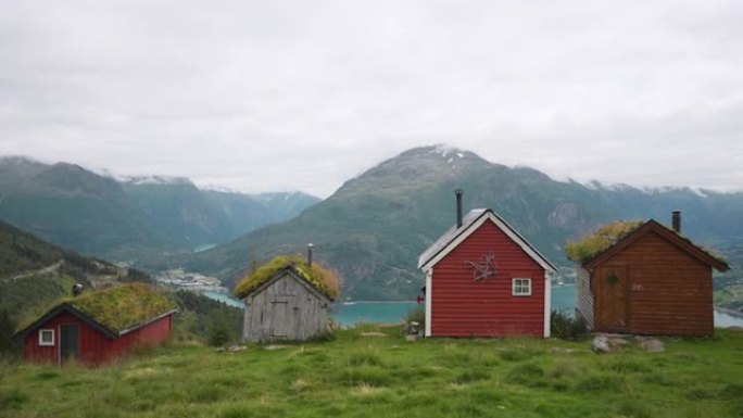 带苔藓覆盖屋顶的挪威村庄的风景