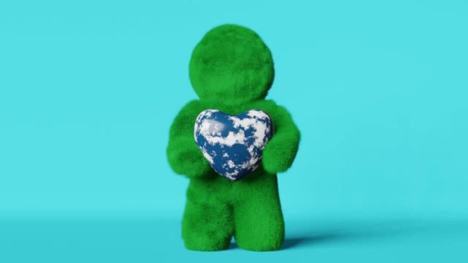 地球日快乐卡片4月22日可爱的绿草雪人角色心形星球3d动画循环4K。生态环境生态系统节约意识消费可持