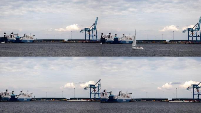 滚装滚装运输船停泊在马尔默港，延时放大