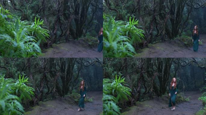 穿着精灵服装的美女正走在神奇的绿色魔法森林里。