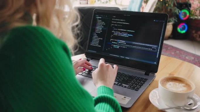 自由职业者程序员和数据科学家女性在咖啡馆使用笔记本电脑，展示