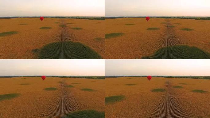 红色热气球漂浮在金色的土地上，个人之旅，浪漫的约会
