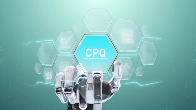 CPQ配置报价机器人手触摸，触摸未来，界面技术，用户体验的未来，旅程和技术概念，数字屏幕界面