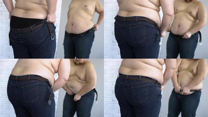 胖男性试图穿上紧身牛仔裤，超重问题，不健康的生活方式