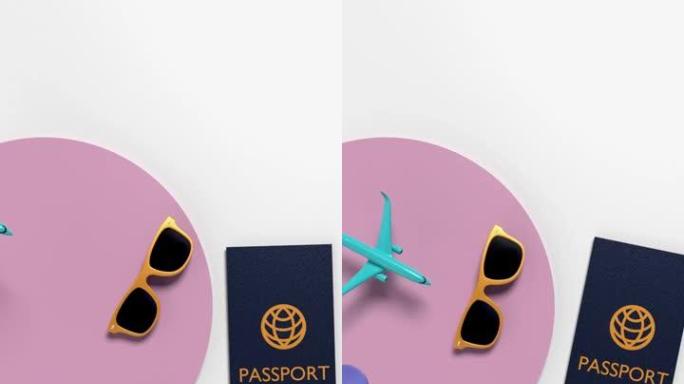 4k分辨率白色背景上带有护照和夏季附件的垂直飞机
