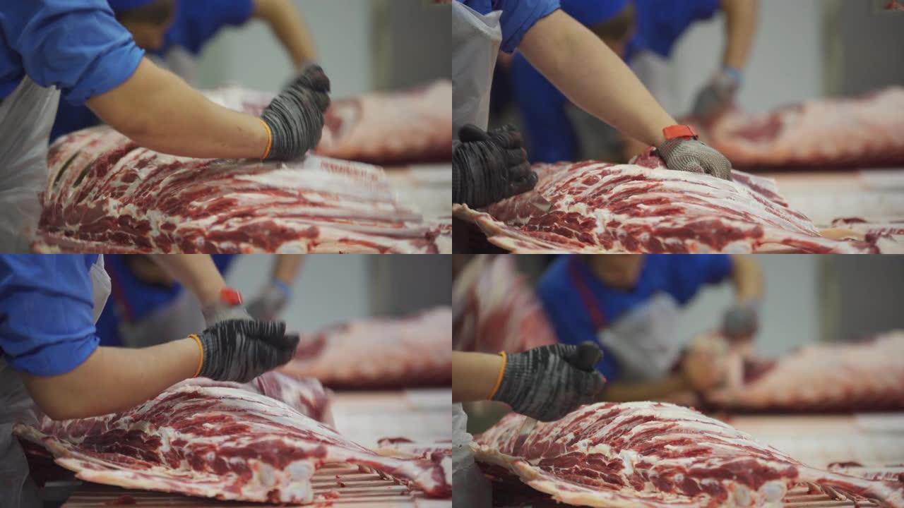 一个专业的肉贩切割牛肉胴体，肉类生产和食品行业。