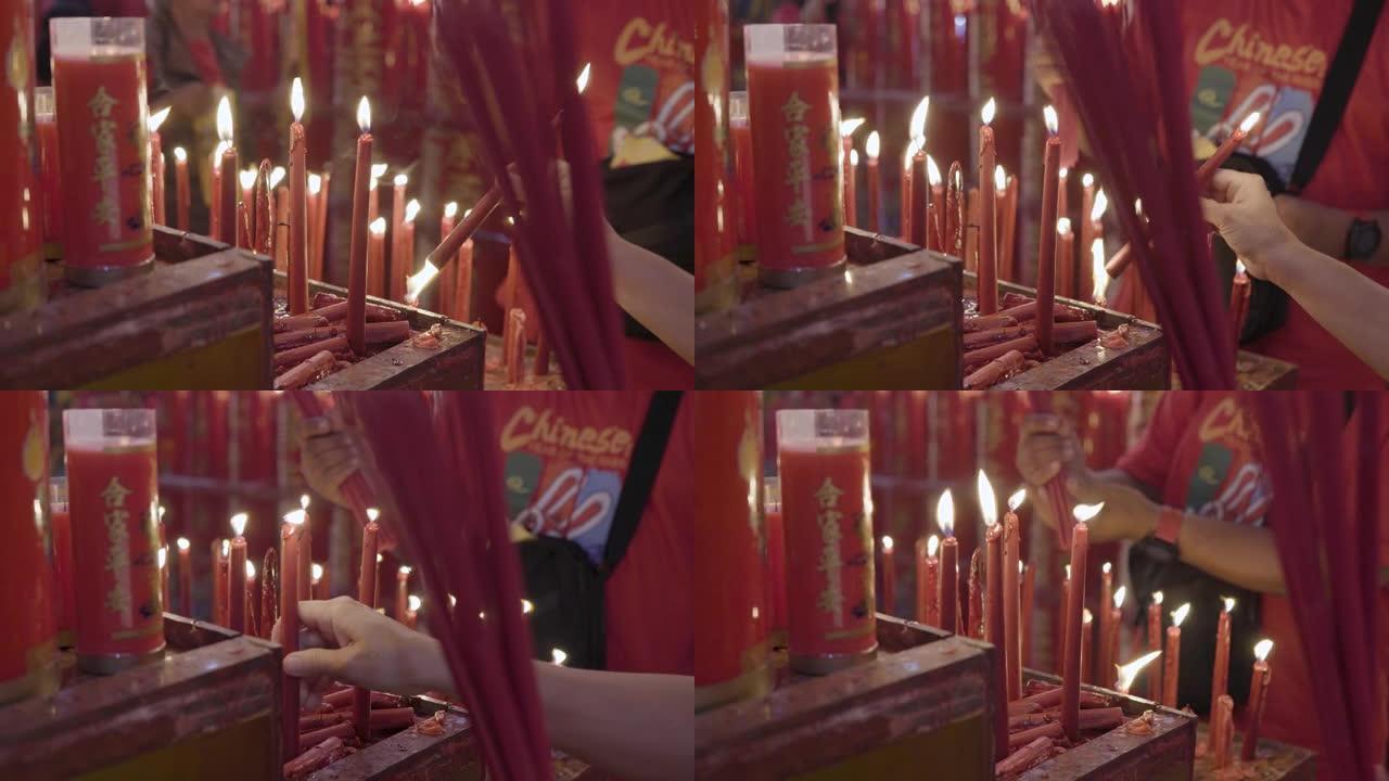 蜡烛在Hok Lay Kiong庙内燃烧