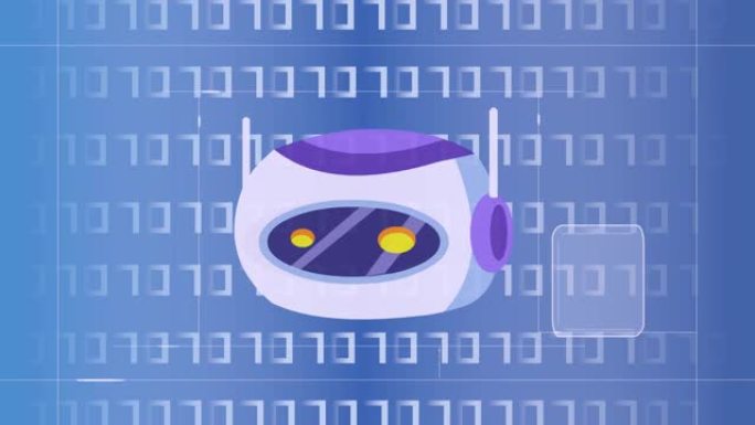 浮动式机器人头与科技背景聊天，蓝色艺术，2d动画。