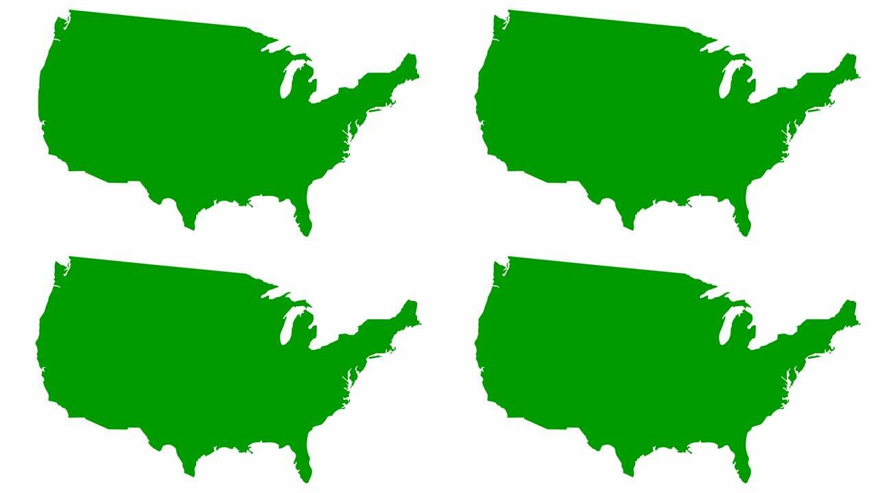 动画绿色美国地图。美利坚合众国。矢量插图孤立在白色背景上。