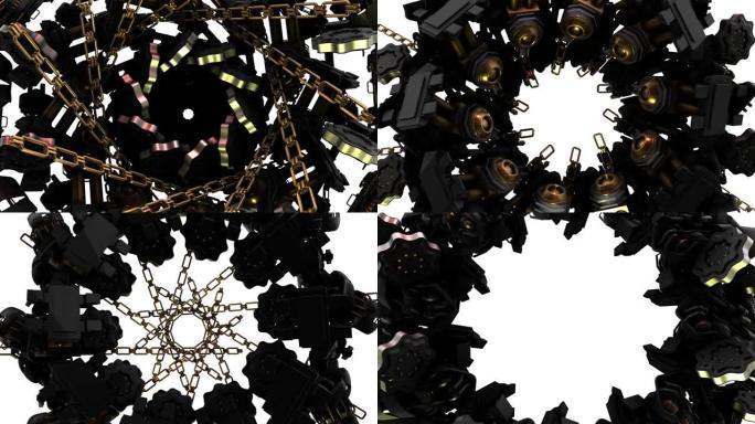 机械零件相互循环运动-机械花朵-抽象金属圈扭曲形状无缝循环动画-抽象引擎螺旋-抽象4k背景无缝循环未