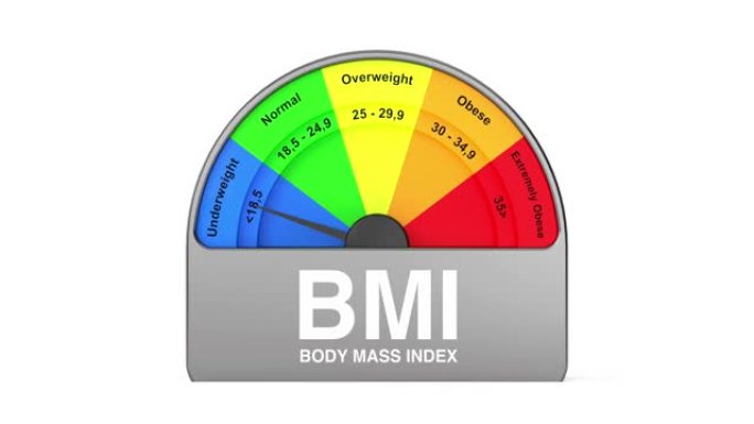 4k分辨率视频: BMI或体重指数标尺仪表表盘标尺图标在带有Alpha哑光的白色背景上显示不同的体重