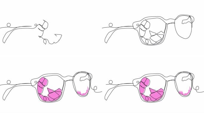 白屏上有一条线的自画破粉色眼镜。