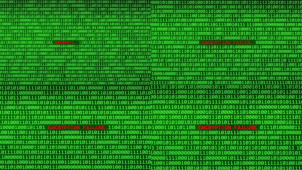 随机二进制数据矩阵背景之间绿色二进制代码墙上的加密失败字揭示