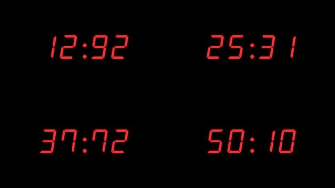 4位数字60秒 (1分钟) 数字时钟计数计时器。黑色bg上的红色数字