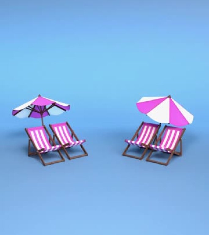 垂直海滩，带折叠椅和雨伞，蓝色，4k分辨率