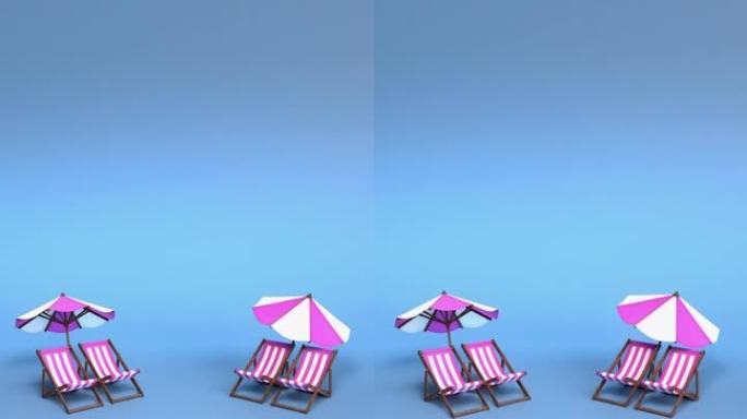 垂直海滩，带折叠椅和雨伞，蓝色，4k分辨率