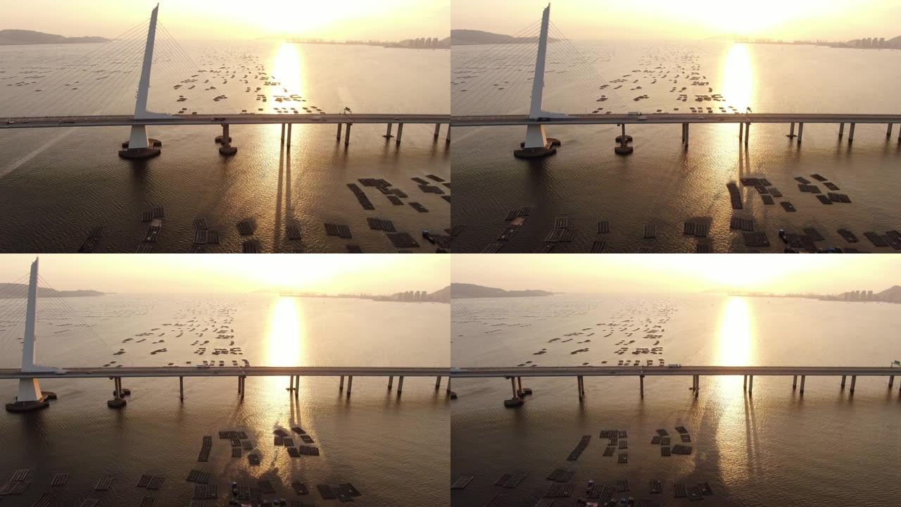 日落时分港深圳湾大桥上的交通，有鱼和牡蛎养殖池，鸟瞰图。