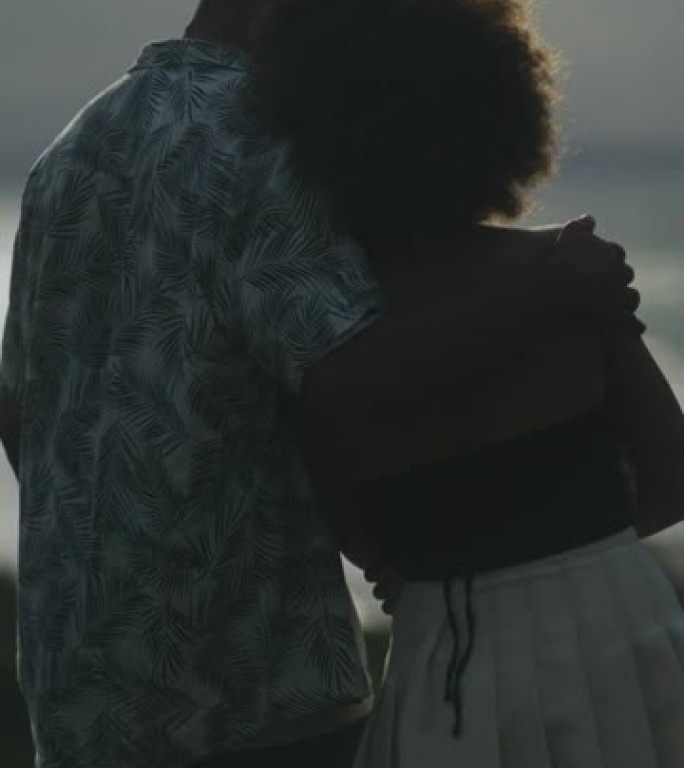 非洲族裔浪漫情侣在旷野约会。观看大海和即将到来的风暴垂直视频