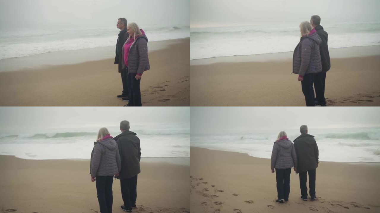 白人白人夫妇手牵手看着海洋。拱形射击
