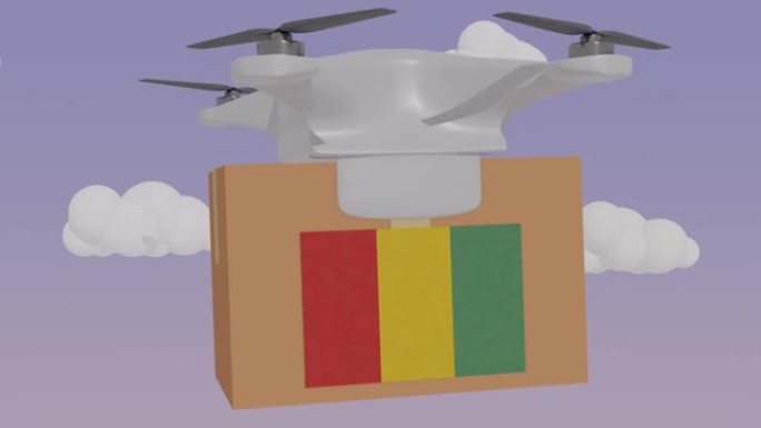 动画无人机携带带有几内亚国旗的包裹