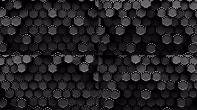 无缝循环。钢六边形电池的黑色数字技术背景。蜂窝结构的3d抽象插图。黑色星期五壁纸。