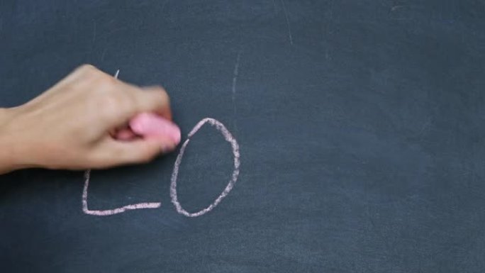 一个男人的手在学校董事会上画了一个粉笔字。用红色粉笔在黑板上手写。在学校董事会上写爱情。特写