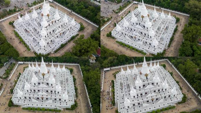 在泰国曼谷附近Samutprakarn的Asokaram寺庙的大宝塔上的空中无人机夜间延时或超延时视