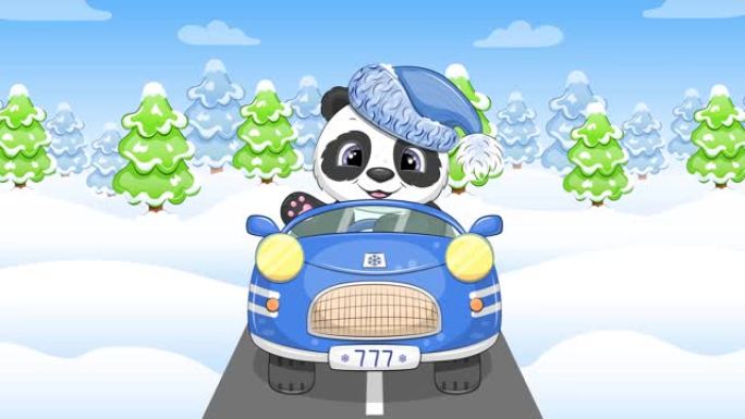 可爱的卡通熊猫在冬天开车。