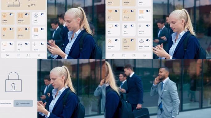 SLO MO TS年轻的女企业家在智能手机上使用家庭控制应用程序时沿着商业大楼行走